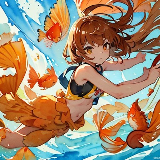 A girl is floating with a large group of diffused corn flakes.、amazing dynamism、amazing angle、Unstable buoyancy sandstorm、(((Many friendly carp float around.)))、(((surround each other&#39;watercolor goldfish)))