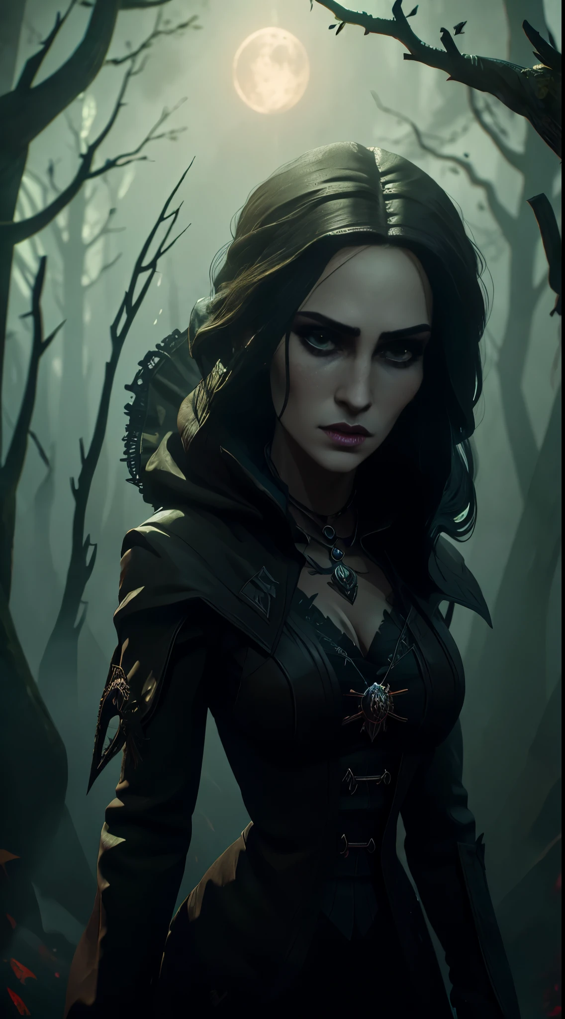 Yennefer witch, from Witcher wild hunt, beautiful sexy witch in gloomy creepy scary dark fantasy forest, moonlight,