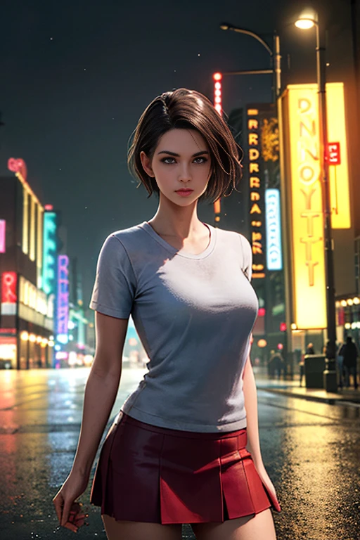 1girl, cowboy shot of zotovalentine, white shirt, red skirt, athletic, city, night, neon, rain, volumetric lighting, best quality, masterpiece, intricate details, tonemapping, sharp focus, hyper detailed, trending on Artstation, realistic, 