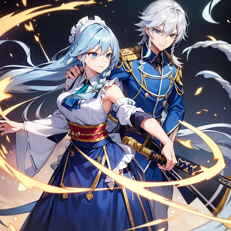 {(Snake King Kaira),1 male,Blue-haired,semi-long,Bouncing hair,kimono,have a sword,blue eyes},a woman next to me,(Sakuya Izayoi)silver hair,Braid,navy maid uniform,white ruffles,white brim on head,have a knife