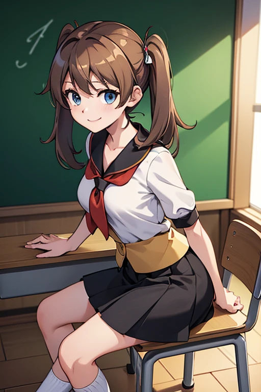 ((masterpiece)), ((best quality)), ((highres)), ((extremely detailed CG unity 8k wallpaper)), solo, tachibana kanade, black skirt, white socks, small smile, classroom