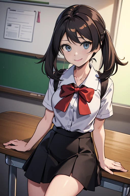 ((masterpiece)), ((best quality)), ((highres)), ((extremely detailed CG unity 8k wallpaper)), solo, tachibana kanade, black skirt, white socks, small smile, classroom