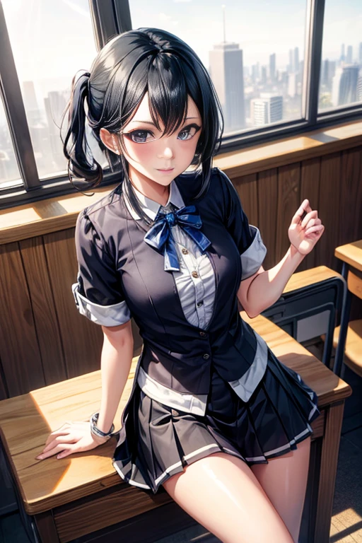 ((masterpiece)), ((best quality)), ((highres)), ((extremely detailed CG unity 8k wallpaper)), solo, tachibana kanade, black skirt, white socks, small smile, classroom