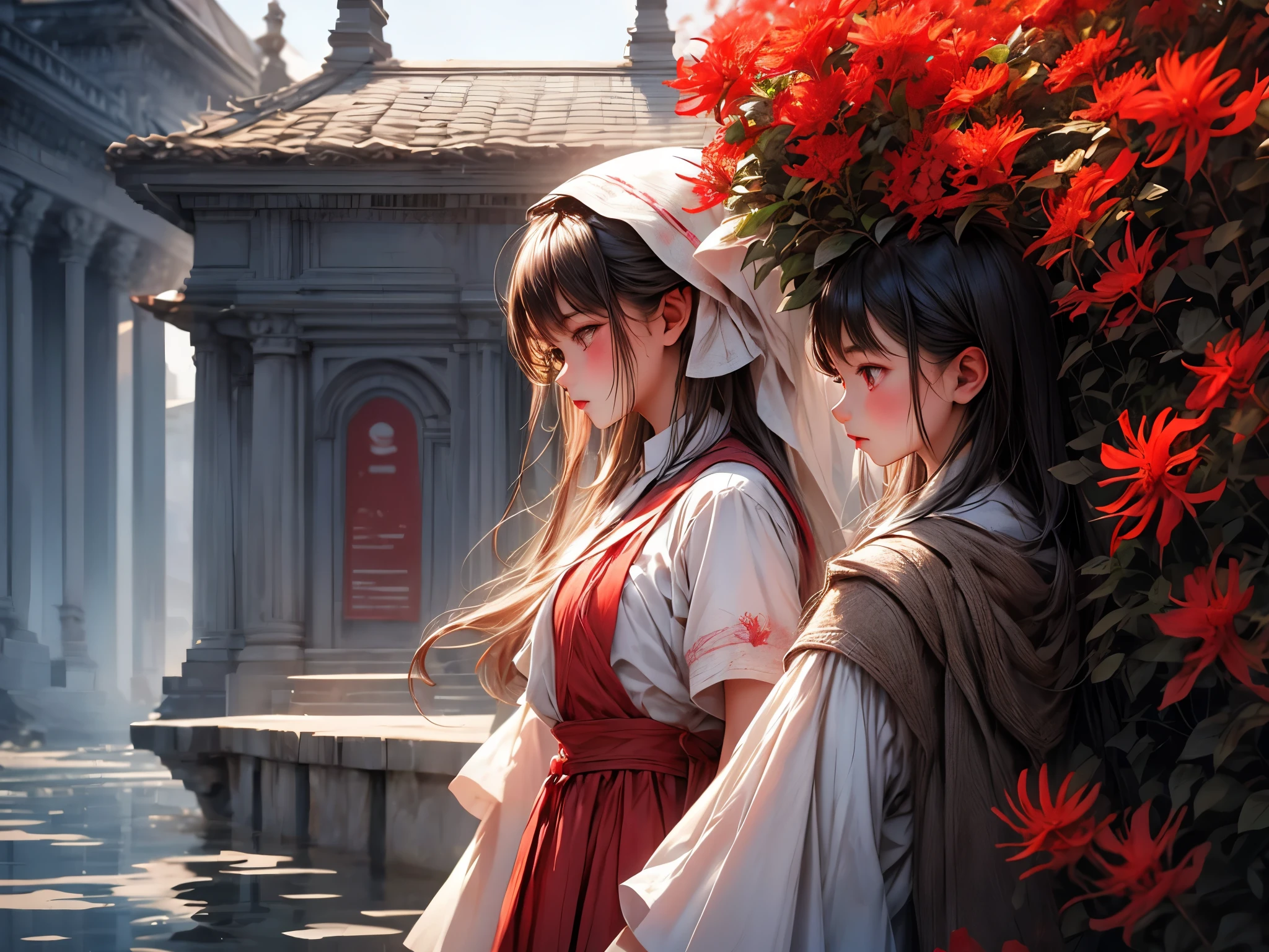best quality, ultra-detailed, photorealistic, blood-red spider lilies blooms by the riverside,10-year-old girl stands at the bank of the SANZU, wearing white clothes, ominous ferryman between the realm of the living and the dead, uncanny boatman