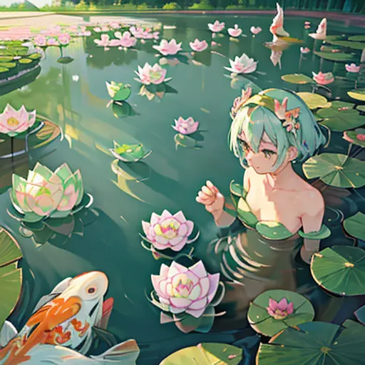 water lily girl、amazing dynamism、amazing angle、Overwhelming blistering sandstorm、(((Many friendly pastel lotuses float and chase...