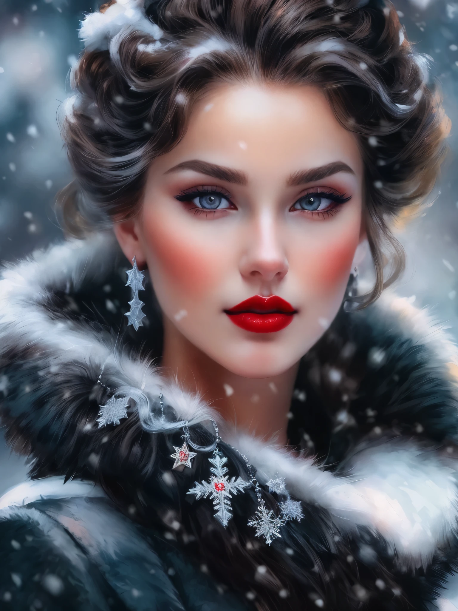 mulher com gola de pele e batom vermelho na neve, Beleza!!! arte digital, великолепное arte digital, cara bonita. cabelo loiro, снег на волосах прекрасное великолепное arte digital, princesa do inverno, rainha do inverno, rosto detalhado com lábios vermelhos, linda ilustração digital, rosto lindo detalhado, потрясающее arte digital, bela obra de arte digital, bela ilustração, ilustração digital deslumbrante