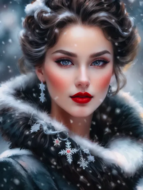 woman with fur collar and red lipstick on snow, beauty!!! digital art, великолепное digital art, pretty face. blonde hair, снег ...