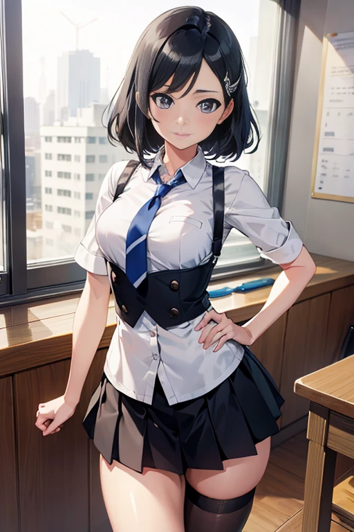 ((masterpiece)), ((best quality)), ((highres)), ((extremely detailed CG unity 8k wallpaper)), solo, tachibana kanade, black skirt, white socks, small smile, classroom