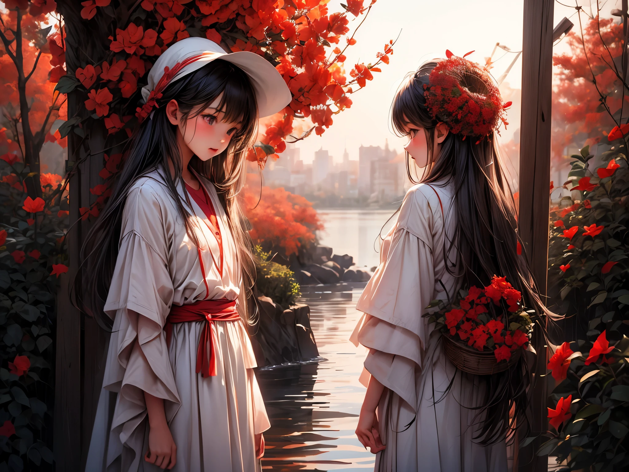 best quality, ultra-detailed, photorealistic, blood-red spider lilies blooms by the riverside,10-year-old girl stands at the bank of the SANZU, wearing white clothes, ominous ferryman between the realm of the living and the dead, uncanny boatman