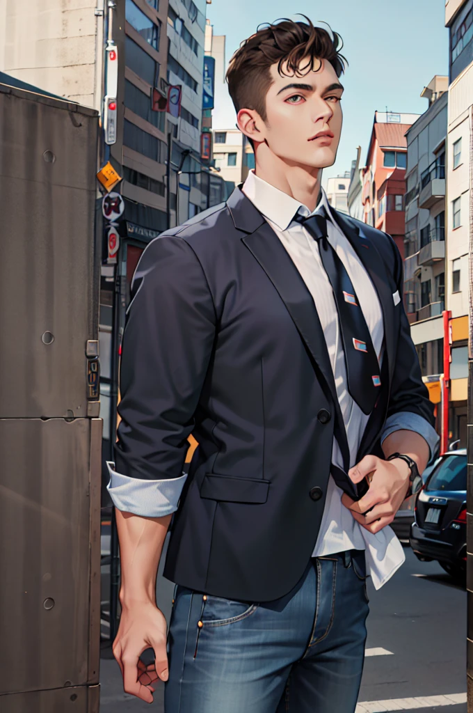 (absurdres, highres, ultra detailed, realistic, ), 2 males, mature, tall muscular, broad shoulders, handsome, very short hair,, angular jaw, thick neck, thick eyebrows, sleek modern apartment background, formal suit, necktie on one and the other casual in jeans and a t-shirt