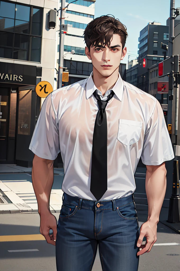 (absurdres, highres, ultra detailed, realistic, ), 2 males, mature, tall muscular, broad shoulders, handsome, very short hair,, angular jaw, thick neck, thick eyebrows, sleek modern apartment background, formal suit, necktie on one and the other casual in jeans and a t-shirt