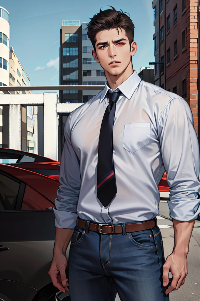 (absurdres, highres, ultra detailed, realistic, ), 2 males, mature, tall muscular, broad shoulders, handsome, very short hair,, angular jaw, thick neck, thick eyebrows, sleek modern apartment background, formal suit, necktie on one and the other casual in jeans and a t-shirt