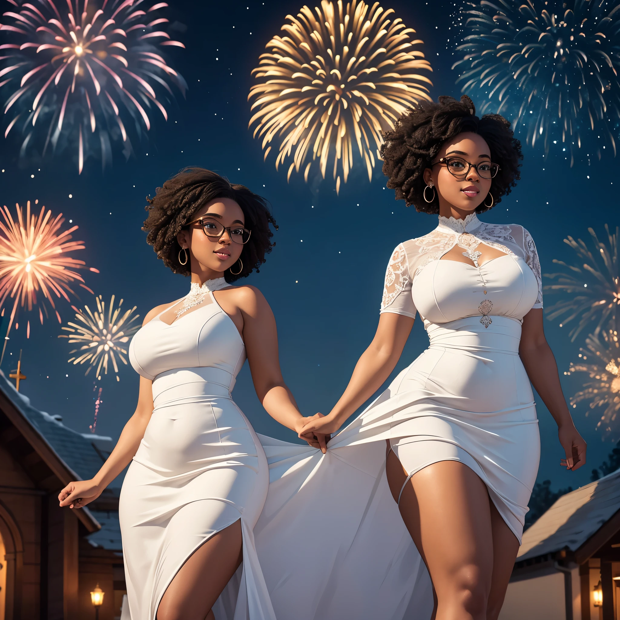 8k, ultra high definition, unreal engine, ultra detailed, ultra high resolution, ultra focus, beautiful voluptuous girl, black girl, round face, curvy body, short curly hair, dark skin, glasses, wearing a white long white african dress, in front of church, arm stretched towards the camera, 31st night, people in the background all wearing white, night sky, fireworks, detailed background, joyous occasion, new year celebration,
