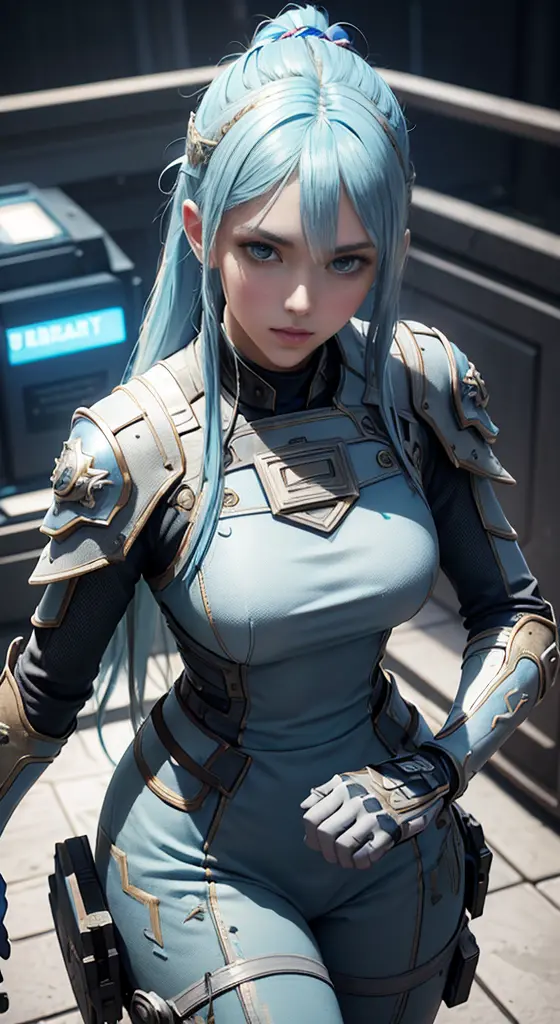 ((Best quality)), ((masterpiece)), (detailed:1.3), 3D, an image of a beautiful cyberpunk female, straight long hair, Ice Blue ha...