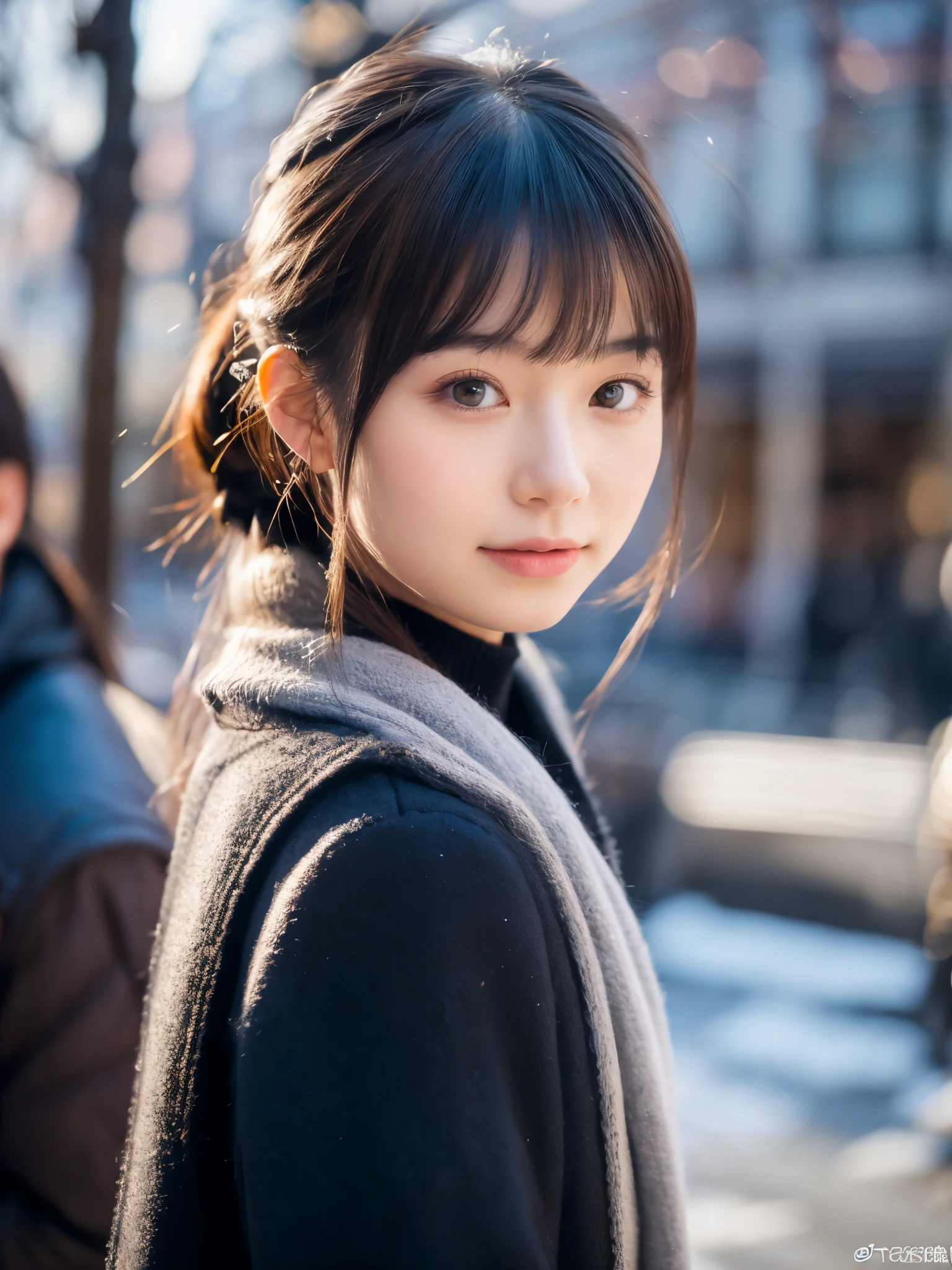 photorealistic, 8k full-length portraits, Beautiful woman, A charming expression, Clear system, ponytail, 20-year-old, Tokyo, winter, Shibuya in the background