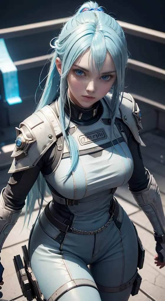 ((Best quality)), ((masterpiece)), (close_up:1.3), 3D, an image of a beautiful cyberpunk female, straight long hair, Ice Blue ha...