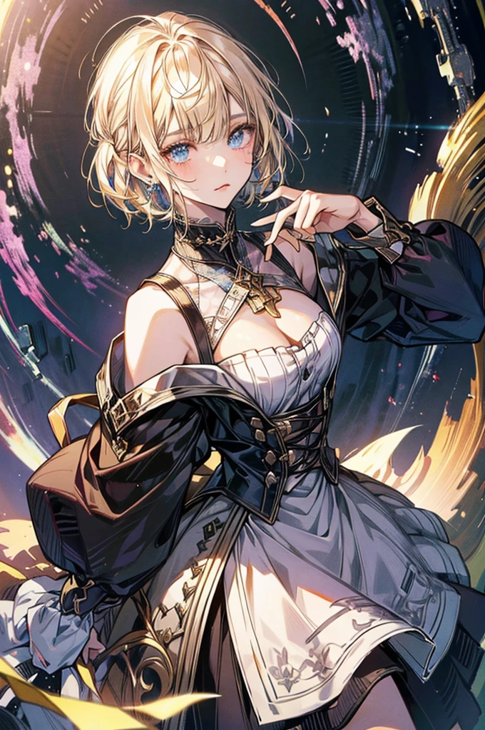 (Official art、Best Quality、Unity 8k Wallpapers、32K、masterpiece、ultra-detailliert、超A high resolution、The best illustrations、Very ridiculous:1.2)、(Cinematic lighting:1.2), 1girl, solo, Autum background, masterpiece, highly detailed, blue eyes, blonde hair, short hair, Rubber Gloss, dress, blush, maid, Detailed beautiful face and eyes、Sharp pupils、Realistic pupils, (Ultra-detailed and complex 3D rendering), (super detailed skin、detailed skin textures:1.3)