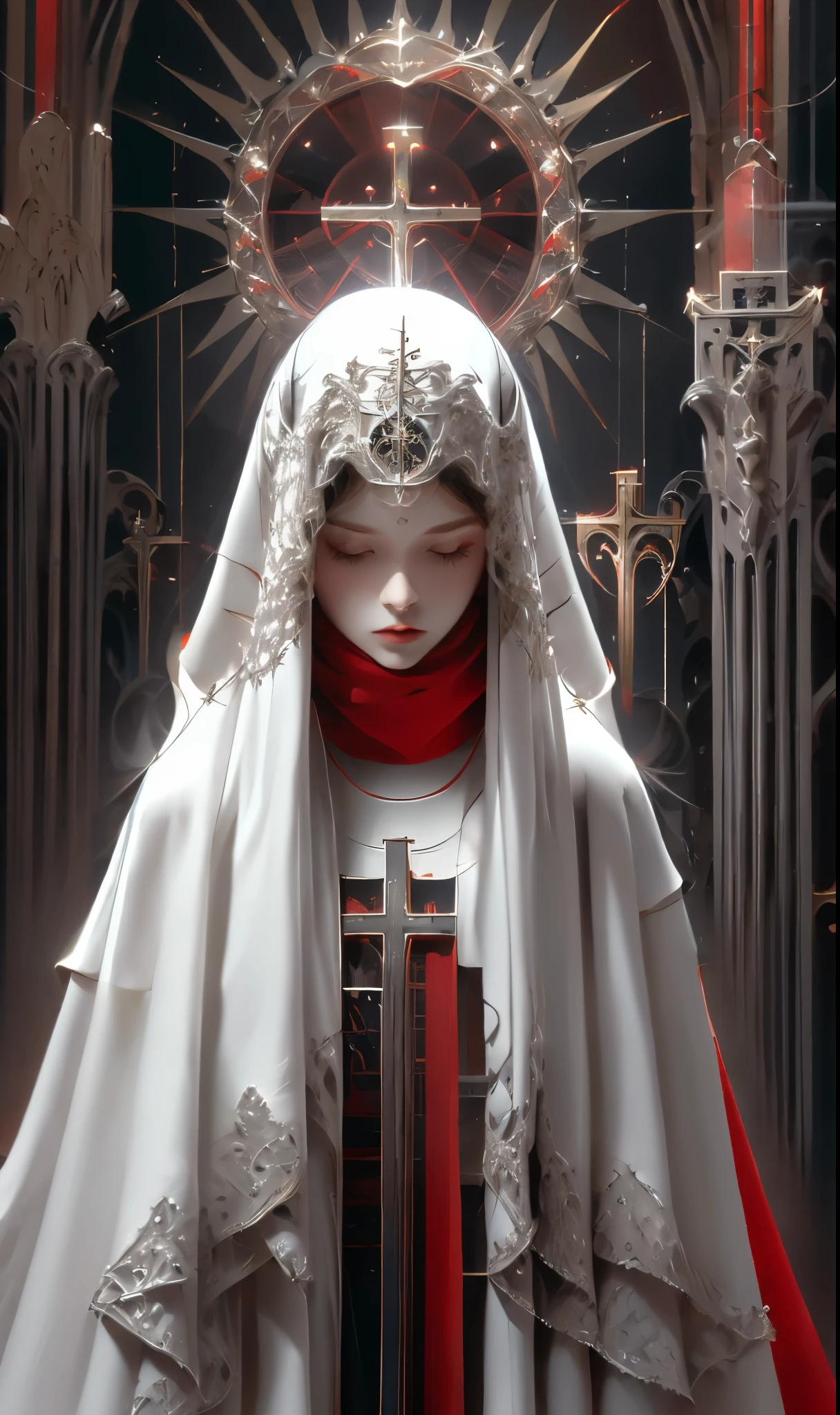 Sadrac Jaroselev&#39;s《diosa》, estilo gótico futurista, blanco oscuro y rojo claro, Ilustraciones súper detalladas., Imágenes de ultra alta definición, Magníficos detalles de vestuario, ropa intrincada, (catedral:1.6)(hermoso fondo claro:1.4),
(máscara de ojos transparente:1.1),  (bufanda:1.3),
 