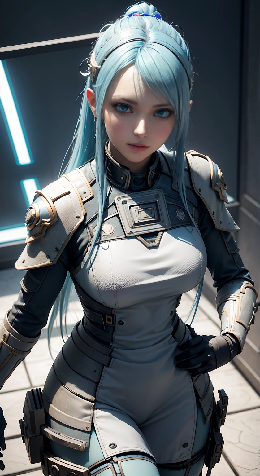 ((Best quality)), ((masterpiece)), (detailed:1.3), close-up, 3D, an image of a beautiful cyberpunk female, straight long hair, Ice Blue hair, beautiful blue eyes, HDR (High Dynamic Range),Ray Tracing,NVIDIA RTX,Super-Resolution,Unreal 5,Subsurface scattering,PBR Texturing,Post-processing,Anisotropic Filtering,Depth-of-field,Maximum clarity and sharpness,Multi-layered textures,Albedo and Specular maps,Surface shading,Accurate simulation of light-material interaction,Perfect proportions,Octane Render,Two-tone lighting,Wide aperture,Low ISO,White balance,Rule of thirds,8K RAW,