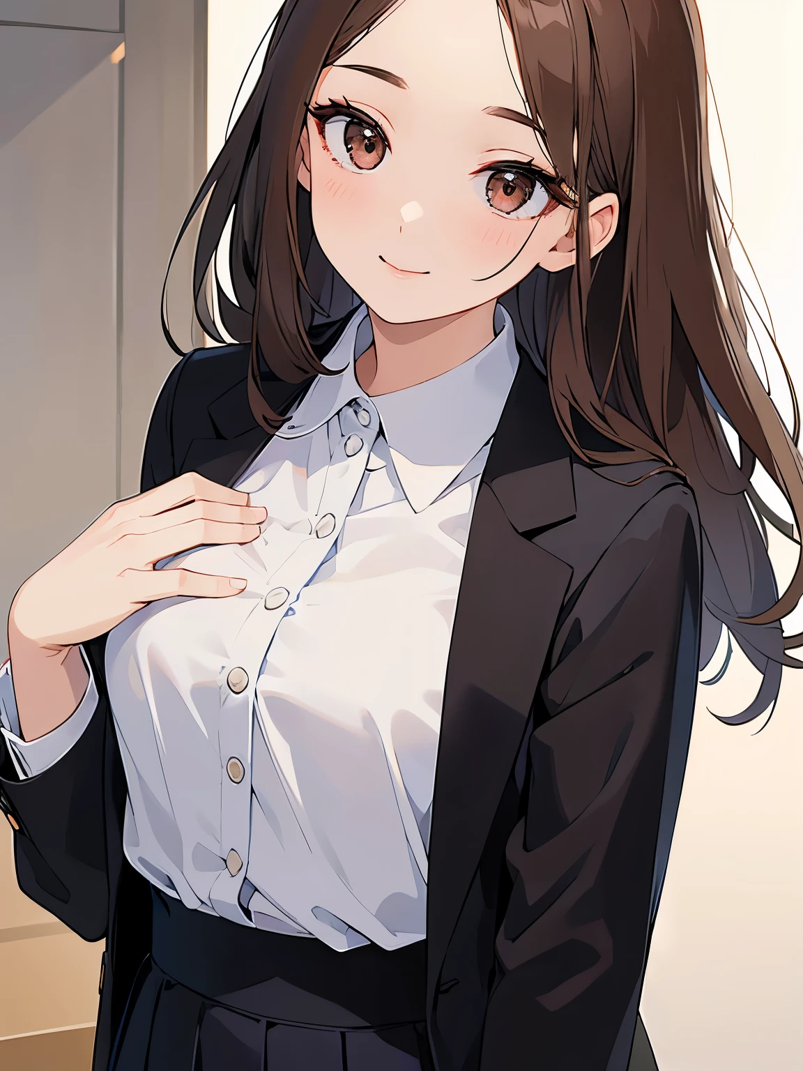 upturned eyes, Placing hand on chest, masterpiece、highest quality、 forehead, A 2 woman with light chestnut medium-long hair and brown eyes.、Wearing a gray suit, Wearing a white blouse、Wearing a gray skirt、Smiling expression, shy, walking、The background is an office、bold composition、Upper body is shown、Alone、close up of your face
