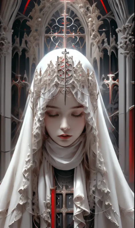 Shadrach Jaroselev&#39;s《goddess》, gothic futuristic style, dark white and light red, Super detailed illustrations, ultra high d...