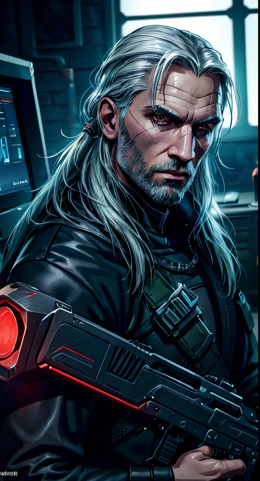 Geralt von Riva , cyberpunk edition,8k Qualität, ultra-realistisch,, High-Tech-Outfit 