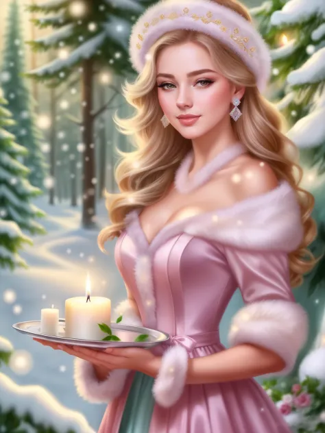 a woman in a dress holding a tray with candles in it, winter princess, digital art of an elegant, elegant digital painting, beau...