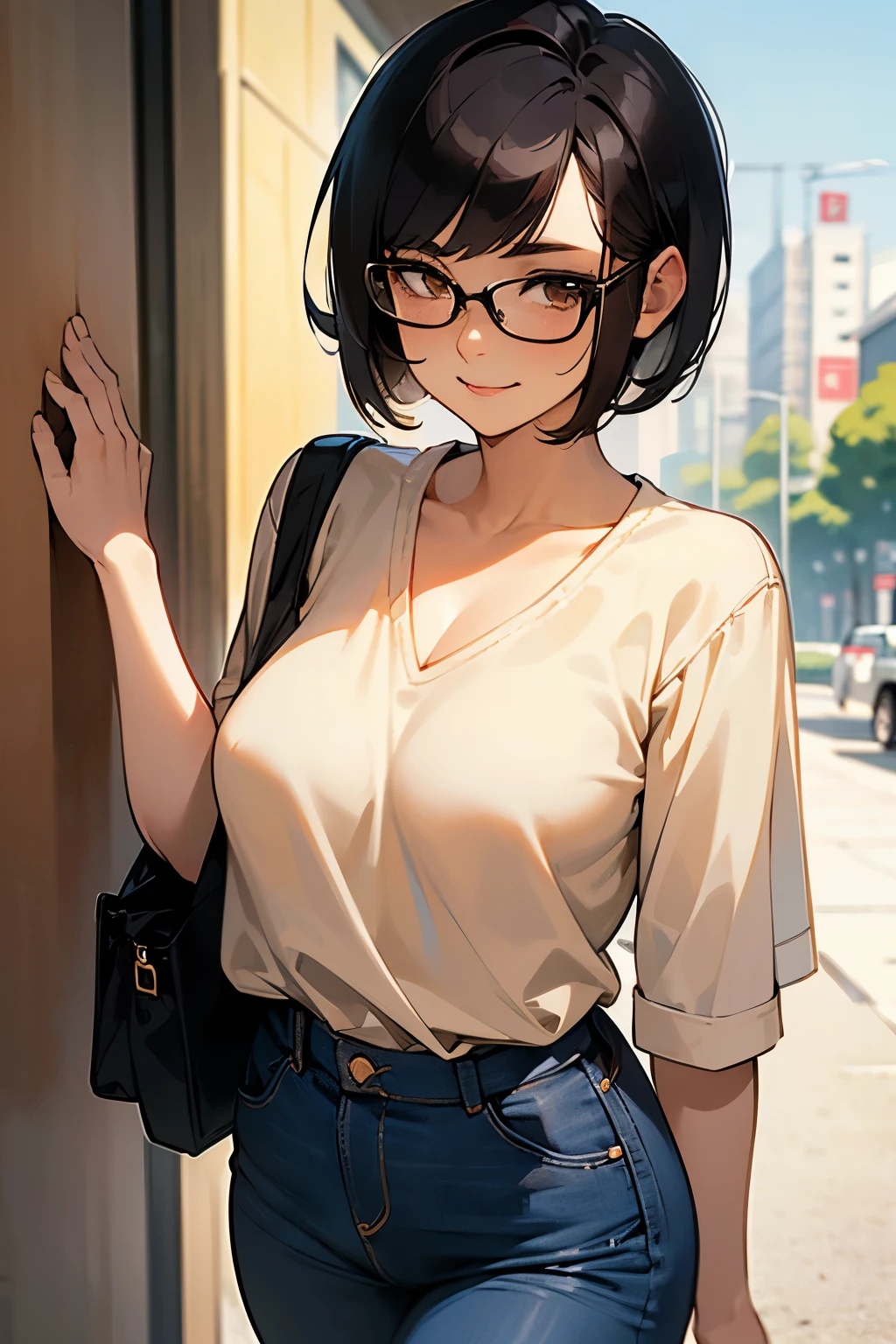 (extremely details CG, Unity, 8K Wallpapertremely delicate and beautiful), (​masterpiece), (top-quality:1.0), (超A high resolution:1.0), ((perfect proportion shot:1.0)), beautiful vibrant lighting, realistic shadow, [high resolution], round cute face, round brown eyes, soft angled brow, 17 years old, shy, smile, timid, scared, ((black hair)), ((pixie bob cut very short hair)), glasses (((medium breasts size))), plumpy body shape, tokyo city street, brown pastel blouse, sky blue long jeans, ((waist up shot)))