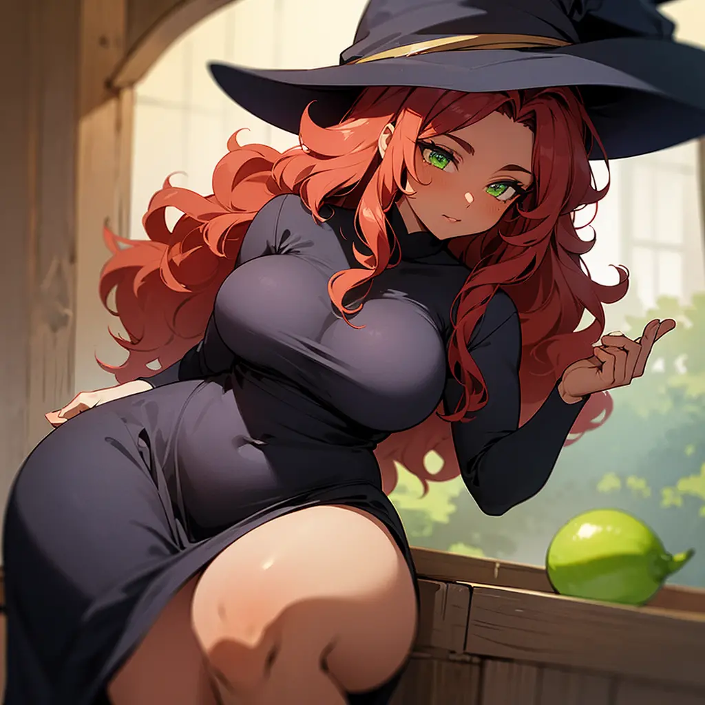 (((Dark Skin Woman))),(((Wearing a cottage style dress))),(((wearing a witch's hat))),(((Red wavy hair))),(((Lime green eyes))),...