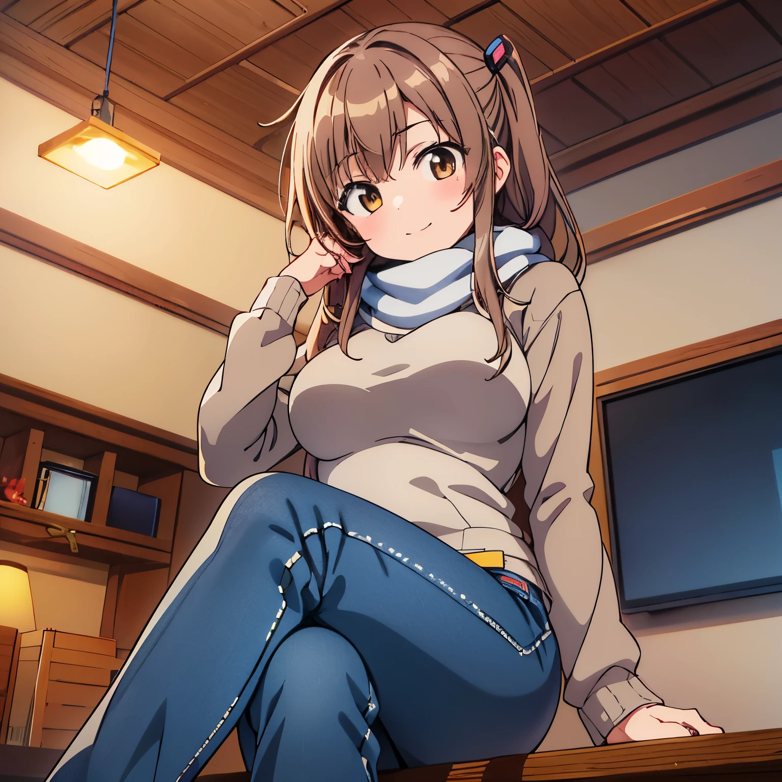 Anime girl sitting on a table with her legs crossed - SeaArt AI