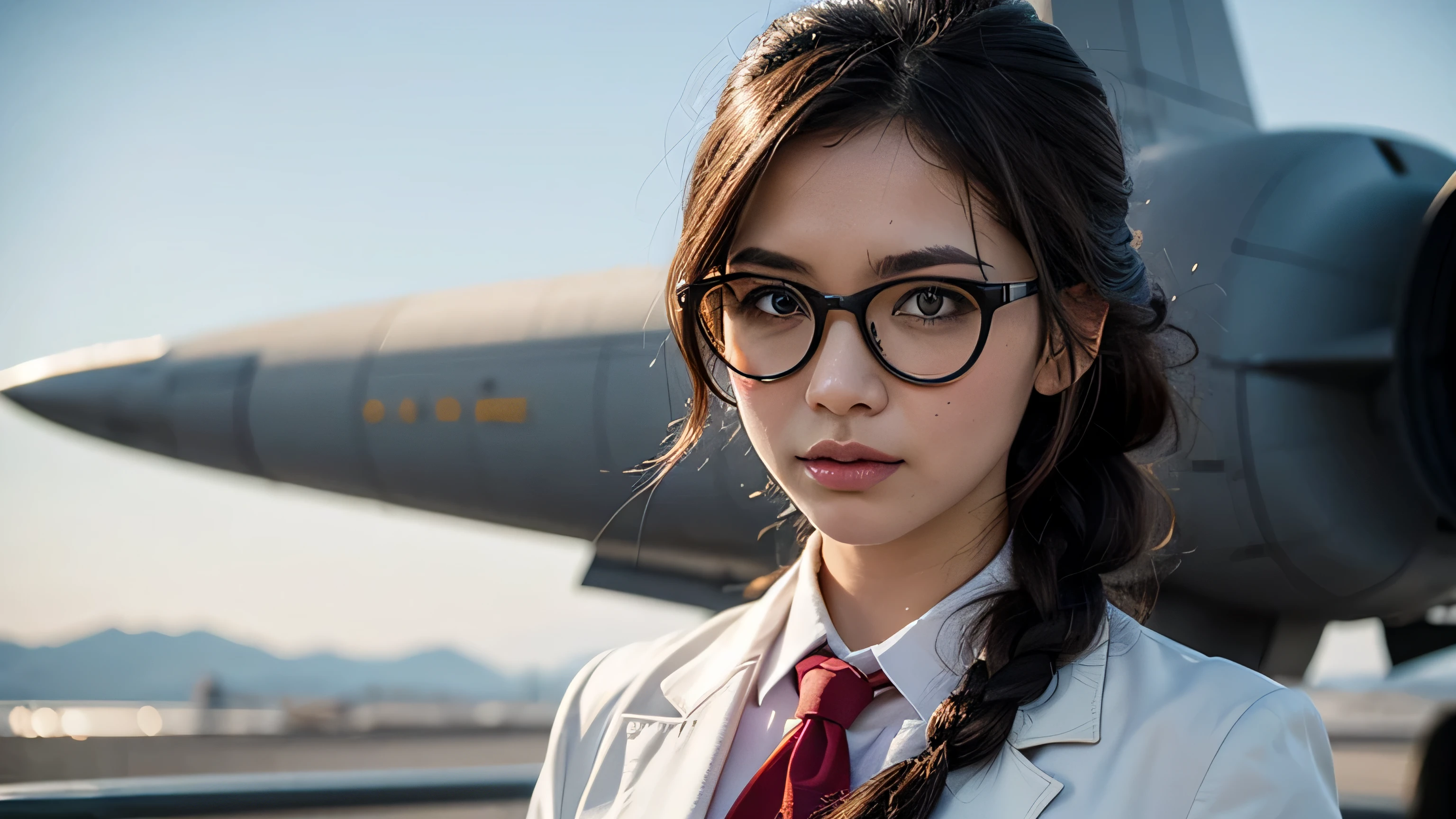 Haute définition,Femmes,petite taille,cheveux noirs,coiffure double tresse,Bang Bang,yeux verts,Lunettes rouges,en tenue formelle,uniforme,manteau blanc,expression sombre,guerreship,porte-avions, du futur, la science-fiction, guerreplane, espace, guerre