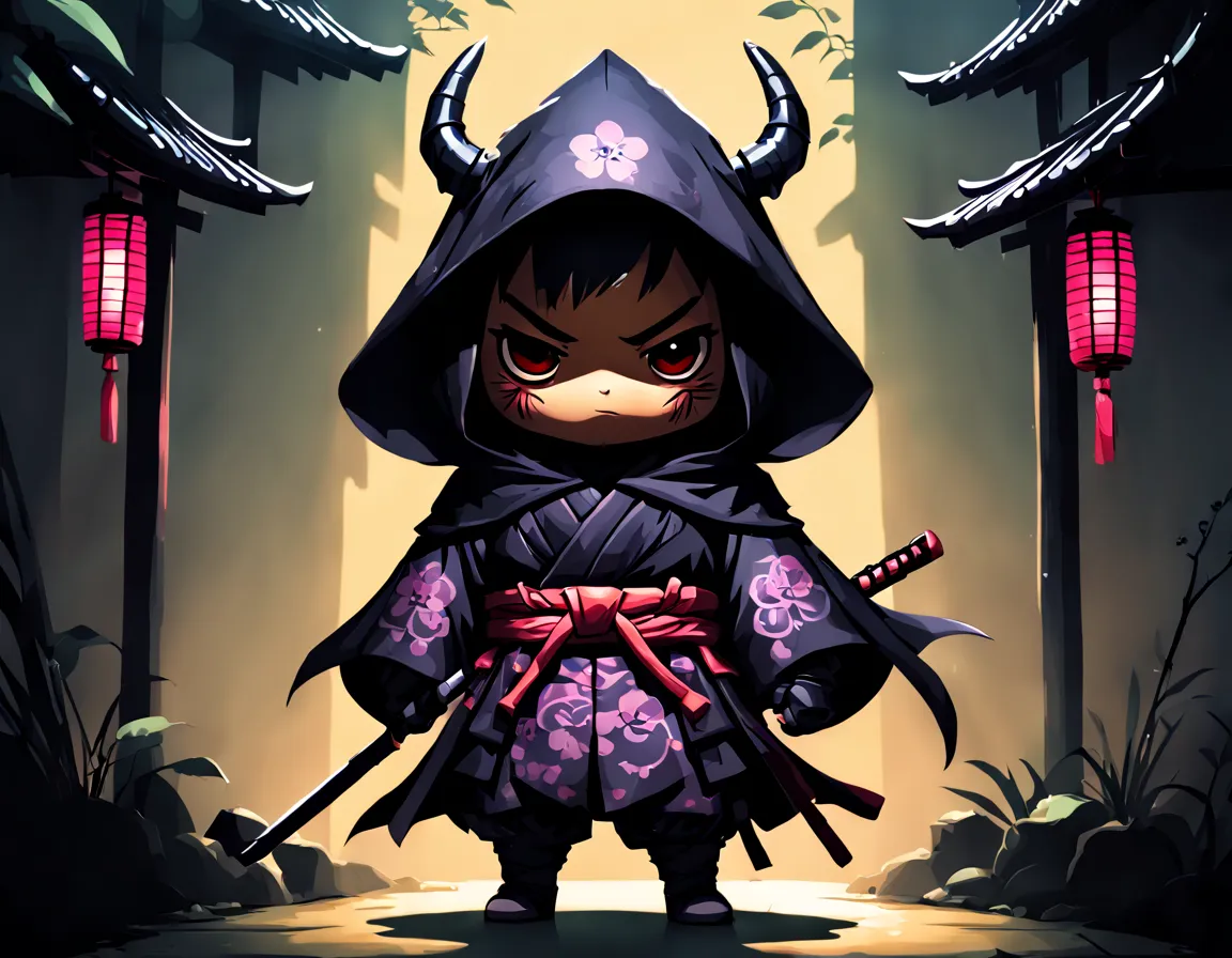 Ronin cloaked in shadows,, in kawaii art style