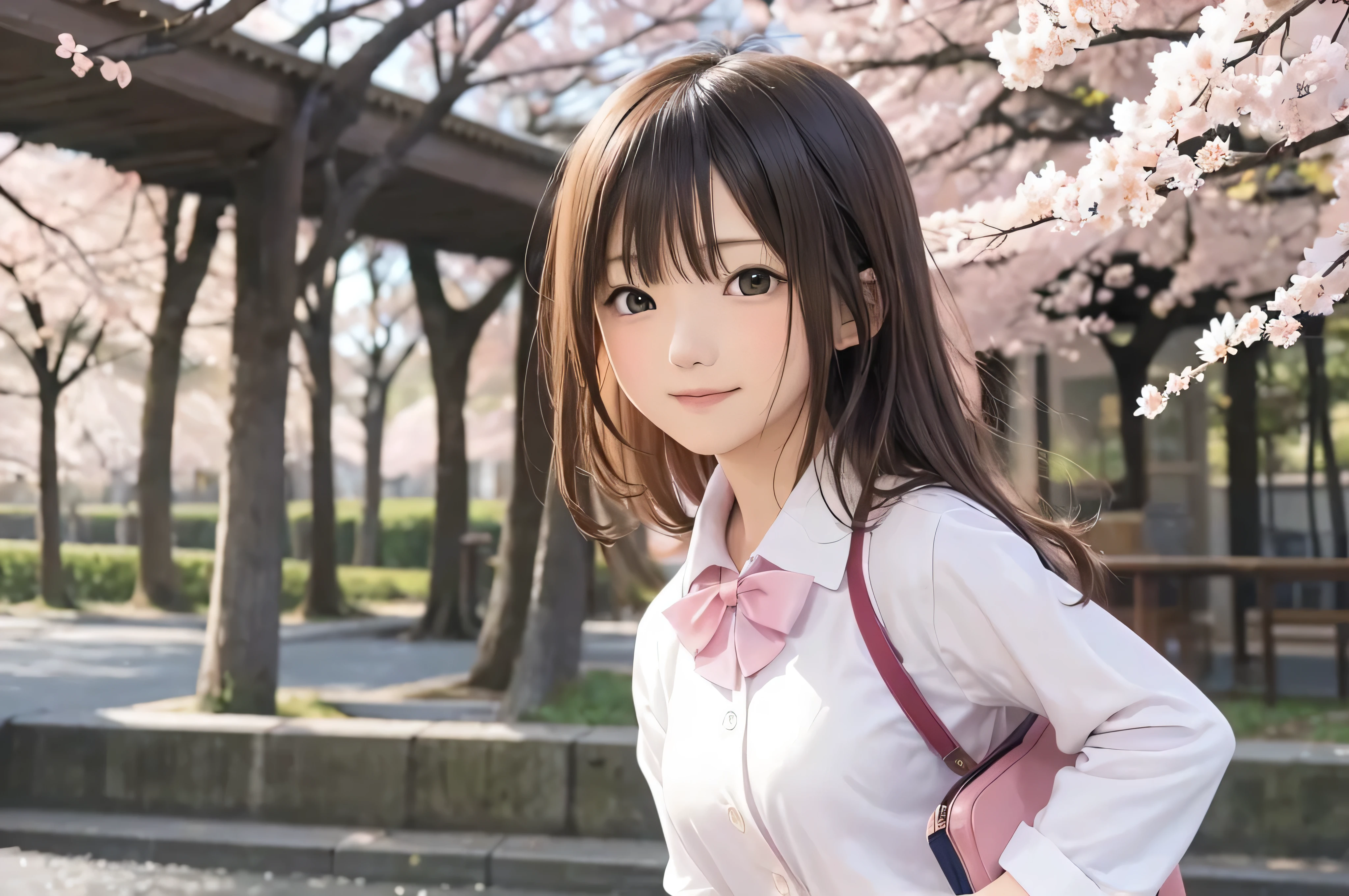 Anime-style portrait of Japanese junior high school girls standing under spring cherry blossoms. she is looking to the side, her long brown hair blows in the wind. The girl has a calm expression, While watching the falling cherry blossoms illuminated by soft pink light. her eyes are black and shining, with a subtle smile. She is wearing a Japanese school uniform with a white blouse and a navy blue cardigan。, Shining in the soft spring sunlight. The girl is depicted small in the frame. in the background, There are blurred branches of bright pink cherry blossoms. The scene exudes tranquility, Bright, and peaceful atmosphere, Reminds you of the beautiful moments of Japanese anime.