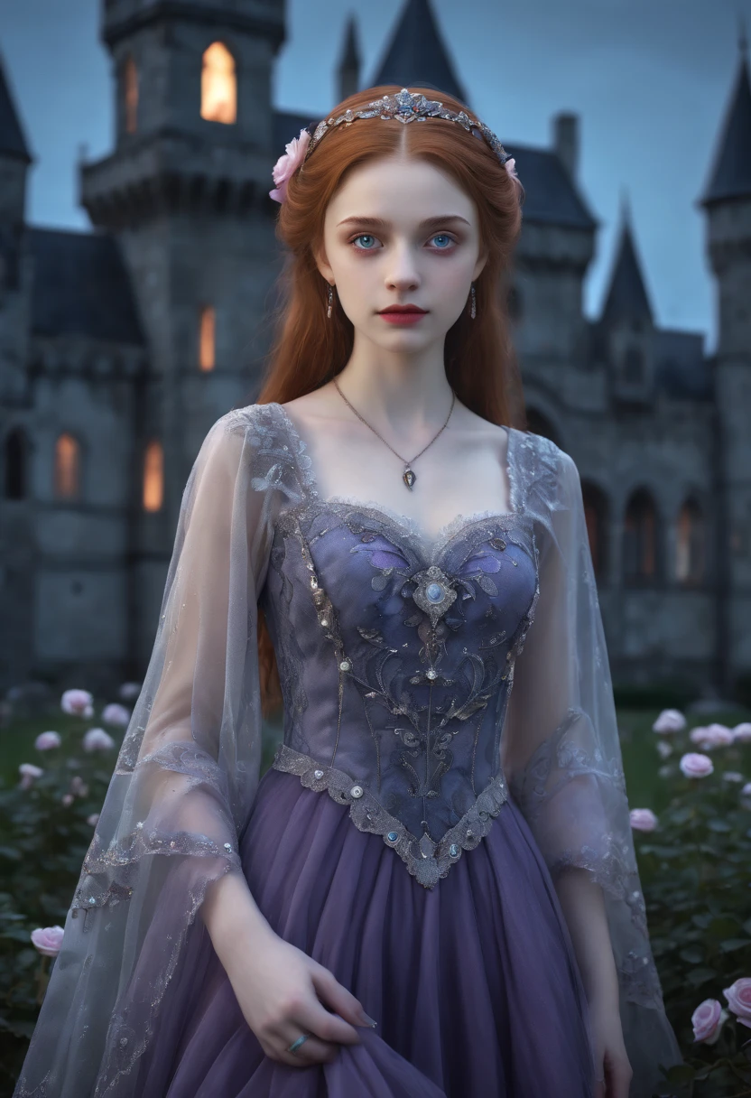 very young Vampire Princess,16 years old, breathtakingly beautiful, deep blue eyes, redhair,(best quality,4k,8k,highres,masterpiece:1.2),ultra-detailed,(realistic,photorealistic,photo-realistic:1.37, raw quality),softly glowing pale skin,pure blooded,porcelain-like complexion,elegant and refined features,graceful posture,dark and mysterious atmosphere,gothic fashion,flowing black lace dress,touch of red in her clothes,dainty silver jewelry with ruby accents,subtle yet captivating smile,slightly pointed canines,translucent wings resembling bat wings,subtle shimmering effect on her wings,gardens filled with blooming blood roses,vivid red petals contrasted with the darkness,enchanting moonlit night,dark and hauntingly beautiful castle in the background,splashes of moonlight illuminating her ethereal beauty,dark shadows and dramatic lighting,icy stare that freezes the hearts of those who dare to meet her gaze,air of authority and power,symbol of both danger and allure,night sky filled with swirling mist and sparkling stars,subtle color palette with shades of deep blue,purple,and black,subdued lighting with soft moonlight casting an ethereal glow,vibrant yet elegant style,with a touch of darkness and mystery,portraits,fantasy,horror,cementary