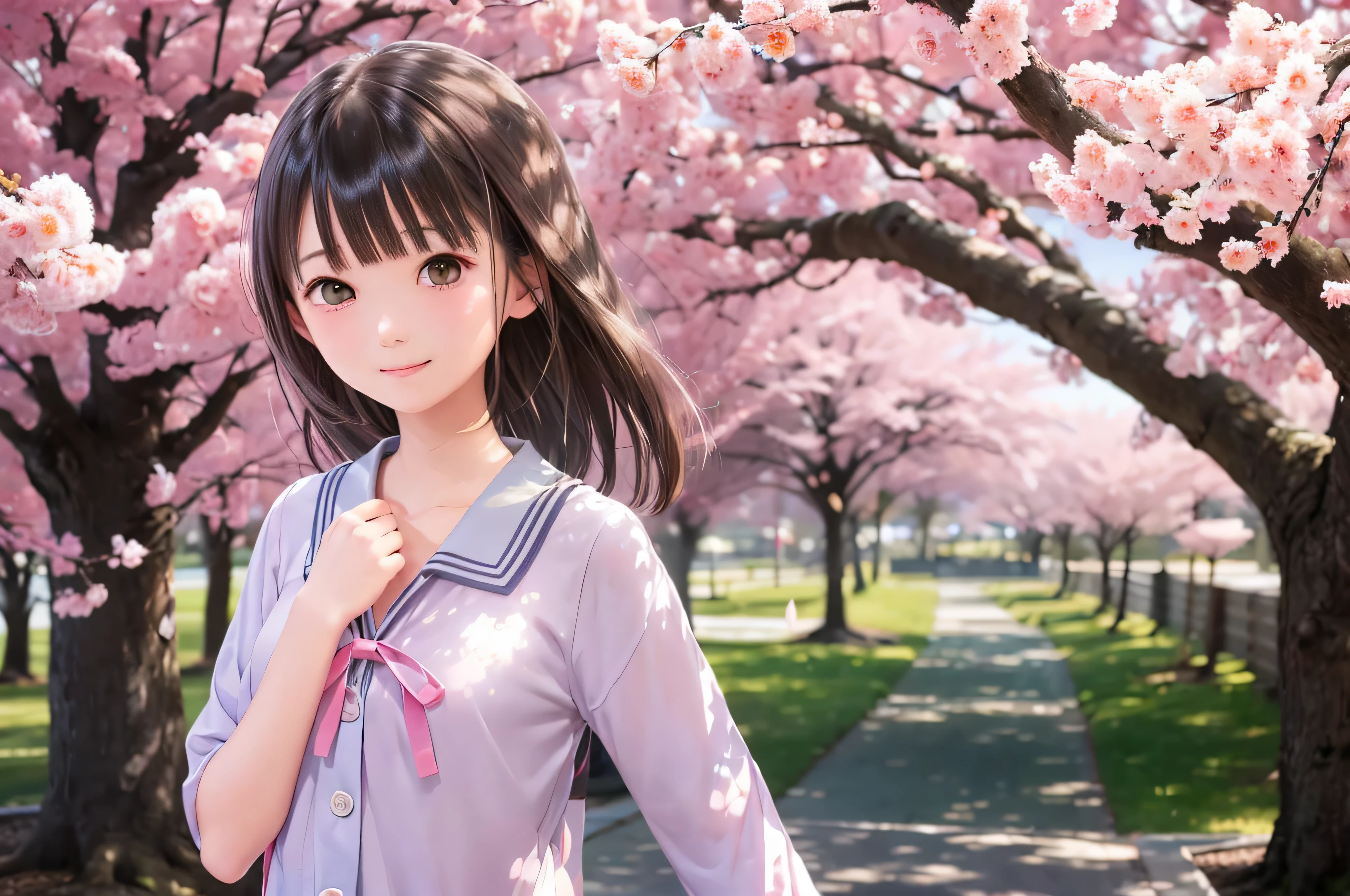 春の桜の下に立つ日本の中学生のアニメ風ポートレート. 彼女は横を向いている, 彼女の長い茶色の髪が風になびいている. 少女は穏やかな表情をしている, 淡いピンクの光に照らされた桜吹雪を眺めながら. 彼女の目は黒くて輝いている, 微かな微笑みを浮かべながら. 彼女は白いブラウスと紺色のカーディガンを着た日本人女性です。, 柔らかな春の日差しに輝く. 少女はフレームの中に小さく描かれている. 背景, 明るいピンクの桜の枝がぼやけている. 静けさが漂う風景, 明るい, 平和な雰囲気, 日本のアニメの美しい瞬間を思い出させます.