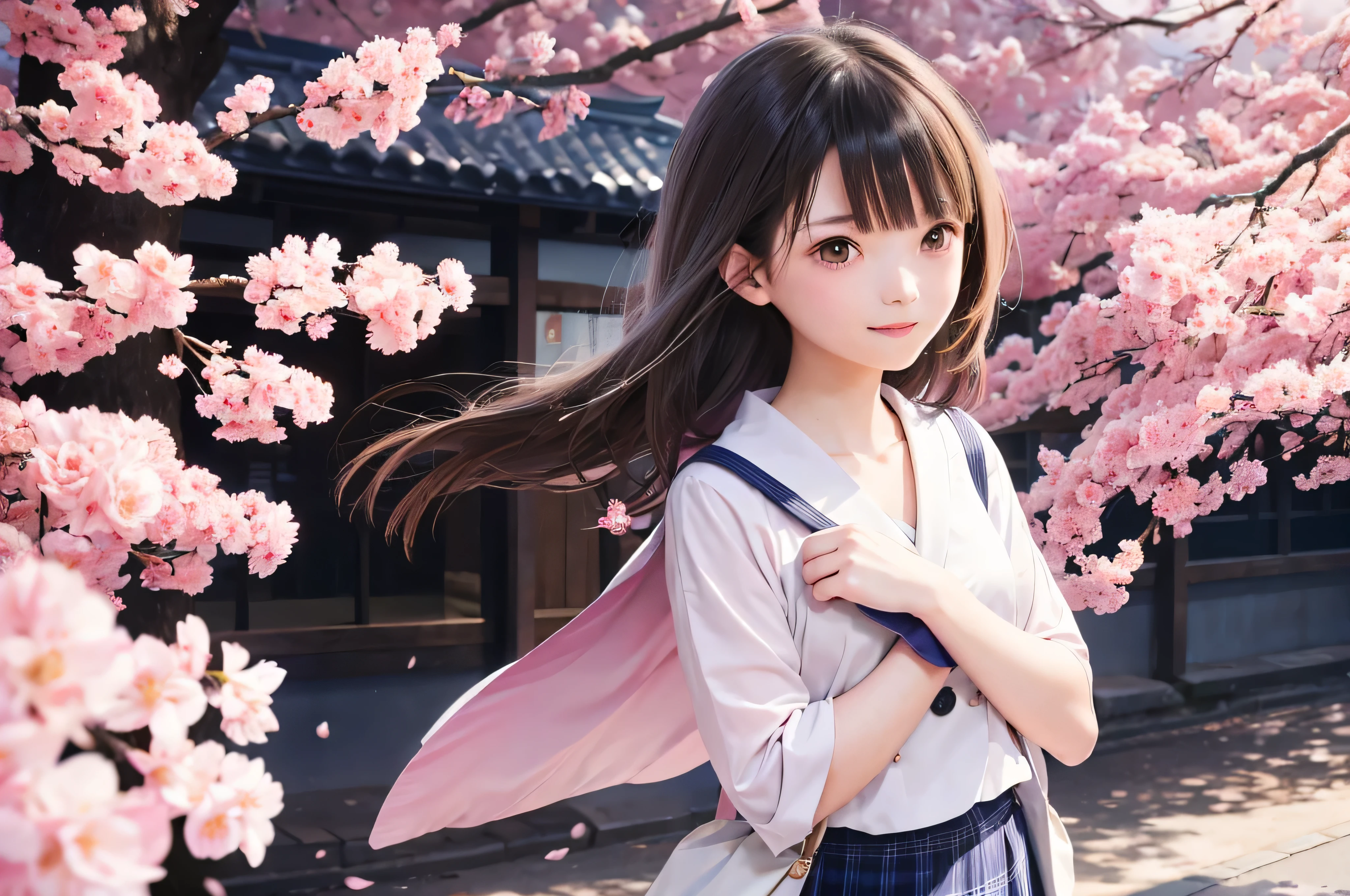 Porträt im Anime-Stil von japanischen Mittelschülerinnen, die unter Frühlingskirschblüten stehen. Sie schaut zur Seite, ihr langes braunes Haar weht im Wind. Das Mädchen hat einen ruhigen Ausdruck, Während Sie die fallenden Kirschblüten beobachten, die von sanftem rosa Licht beleuchtet werden. ihre Augen sind schwarz und leuchten, mit einem dezenten Lächeln. Sie trägt einen Japaner mit einer weißen Bluse und einer marineblauen Strickjacke。, Strahlend im sanften Frühlingssonnenlicht. Das Mädchen ist klein im Rahmen dargestellt. im Hintergrund, Es gibt verschwommene Zweige von leuchtend rosa Kirschblüten. Die Szene strahlt Ruhe aus, Hell, und friedliche Atmosphäre, Erinnert an die schönen Momente japanischer Anime.