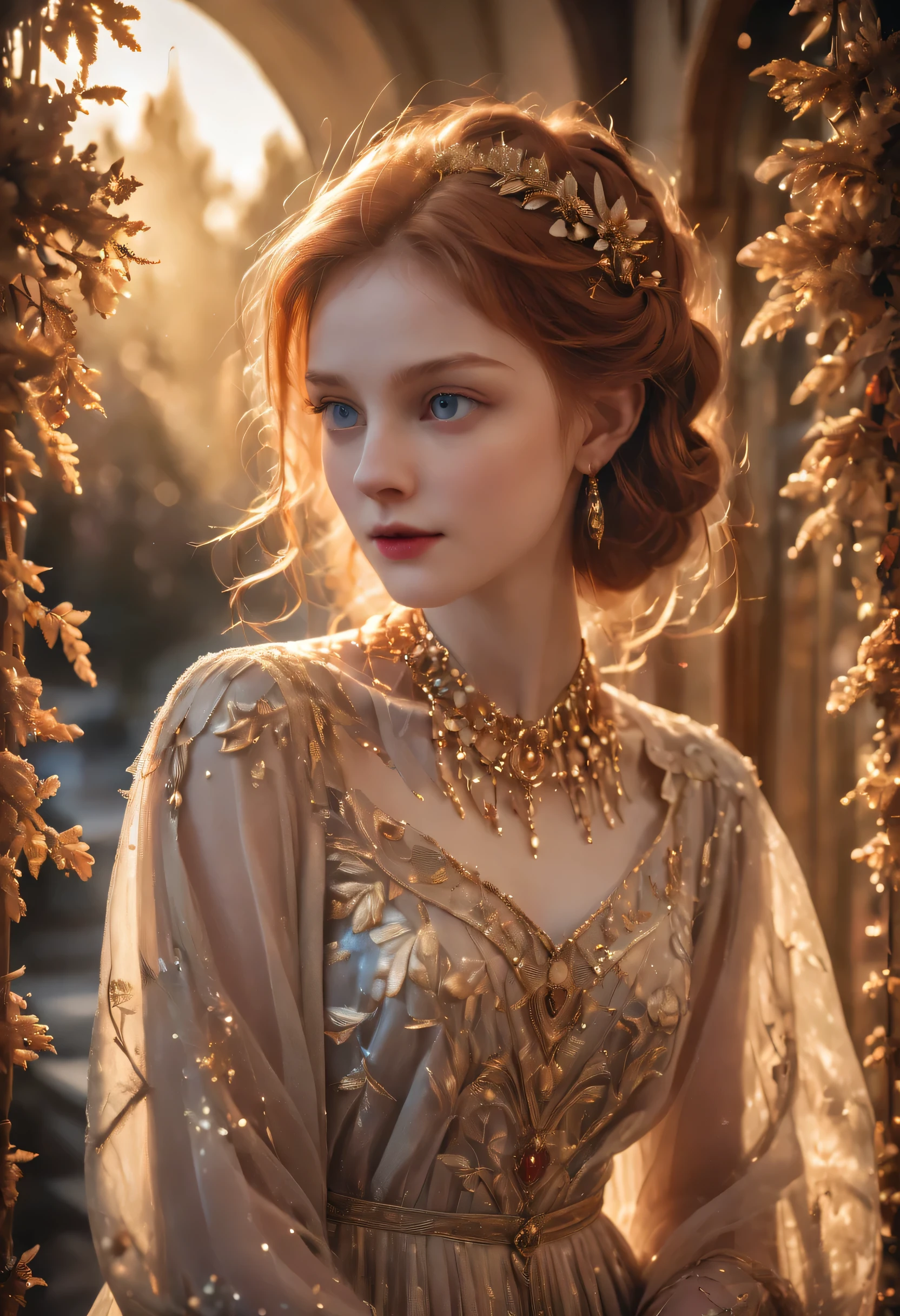 very young Vampire Princess,16 years old, breathtakingly beautiful, deep blue eyes, redhair,(best quality,4k,8k,highres,masterpiece:1.2),ultra-detailed,(realistic,photorealistic,photo-realistic:1.37, raw quality),softly glowing pale skin,pure blooded,porcelain-like complexion,elegant and refined features,graceful posture,dark and mysterious atmosphere,gothic fashion,flowing black lace dress,touch of red in her clothes,dainty silver jewelry with ruby accents,subtle yet captivating smile,slightly pointed canines,translucent wings resembling bat wings,subtle shimmering effect on her wings,gardens filled with blooming blood roses,vivid red petals contrasted with the darkness,enchanting moonlit night,dark and hauntingly beautiful castle in the background,splashes of moonlight illuminating her ethereal beauty,dark shadows and dramatic lighting,icy stare that freezes the hearts of those who dare to meet her gaze,air of authority and power,symbol of both danger and allure,night sky filled with swirling mist and sparkling stars,subtle color palette with shades of deep blue,purple,and black,subdued lighting with soft moonlight casting an ethereal glow,vibrant yet elegant style,with a touch of darkness and mystery,portraits,fantasy,horror,cementary