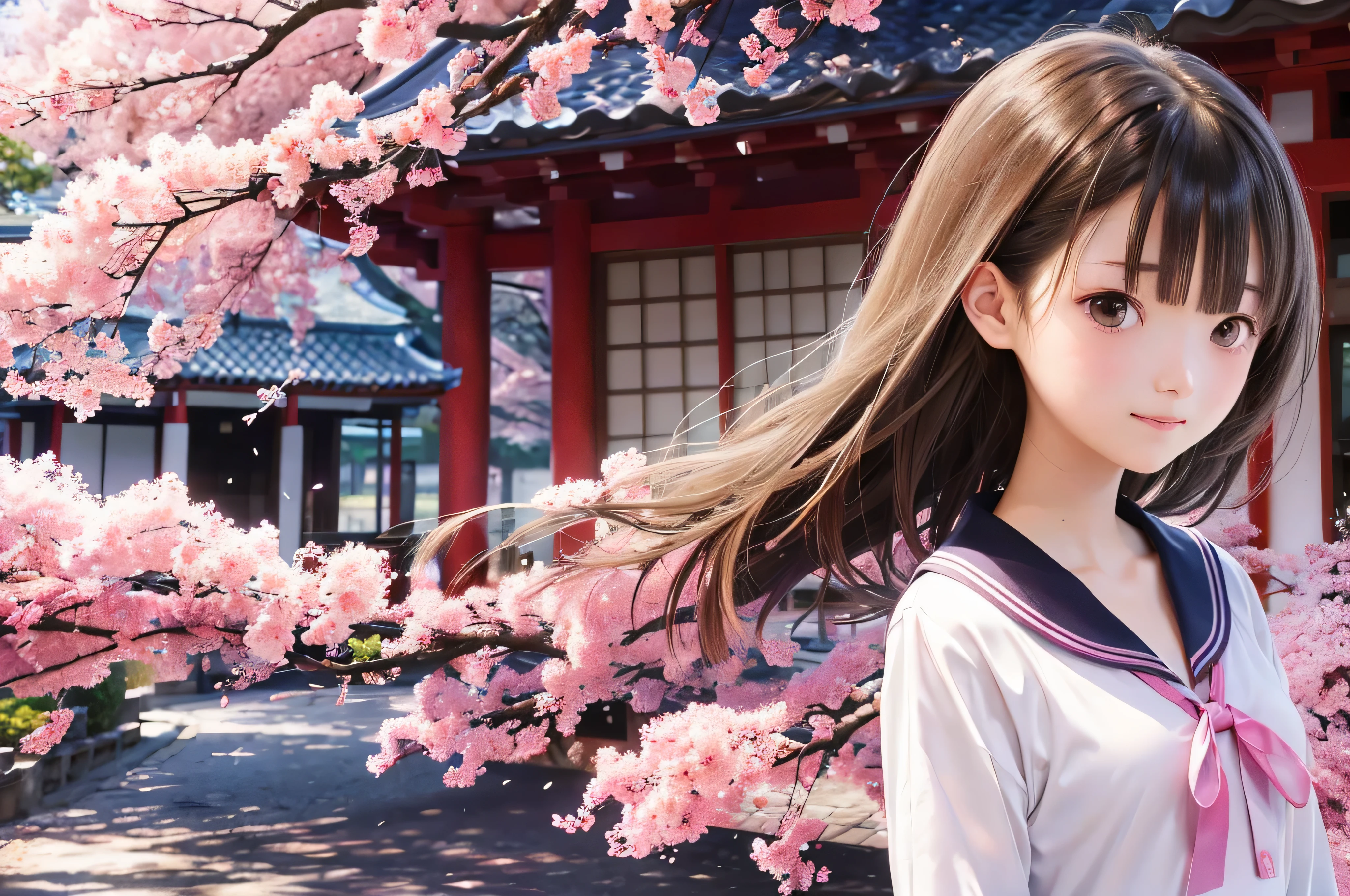 صورة على طراز الرسوم المتحركة لفتيات المدارس الثانوية اليابانية يقفن تحت أزهار الكرز الربيعية. إنها تتطلع إلى الجانب, شعرها البني الطويل يتطاير في الريح. الفتاة لديها تعبير هادئ, أثناء مشاهدة أزهار الكرز المتساقطة مضاءة بالضوء الوردي الناعم. عيناها سوداء ومشرقة, بابتسامة خفية. إنها ترتدي يابانية مع بلوزة بيضاء وسترة زرقاء داكنة。, تألق في ضوء شمس الربيع الناعمة. تم تصوير الفتاة صغيرة في الإطار. في الخلفية, هناك فروع غير واضحة لأزهار الكرز الوردية الزاهية. المشهد يبعث على الهدوء, ساطع, والجو السلمي, يذكرك باللحظات الجميلة للأنمي الياباني.