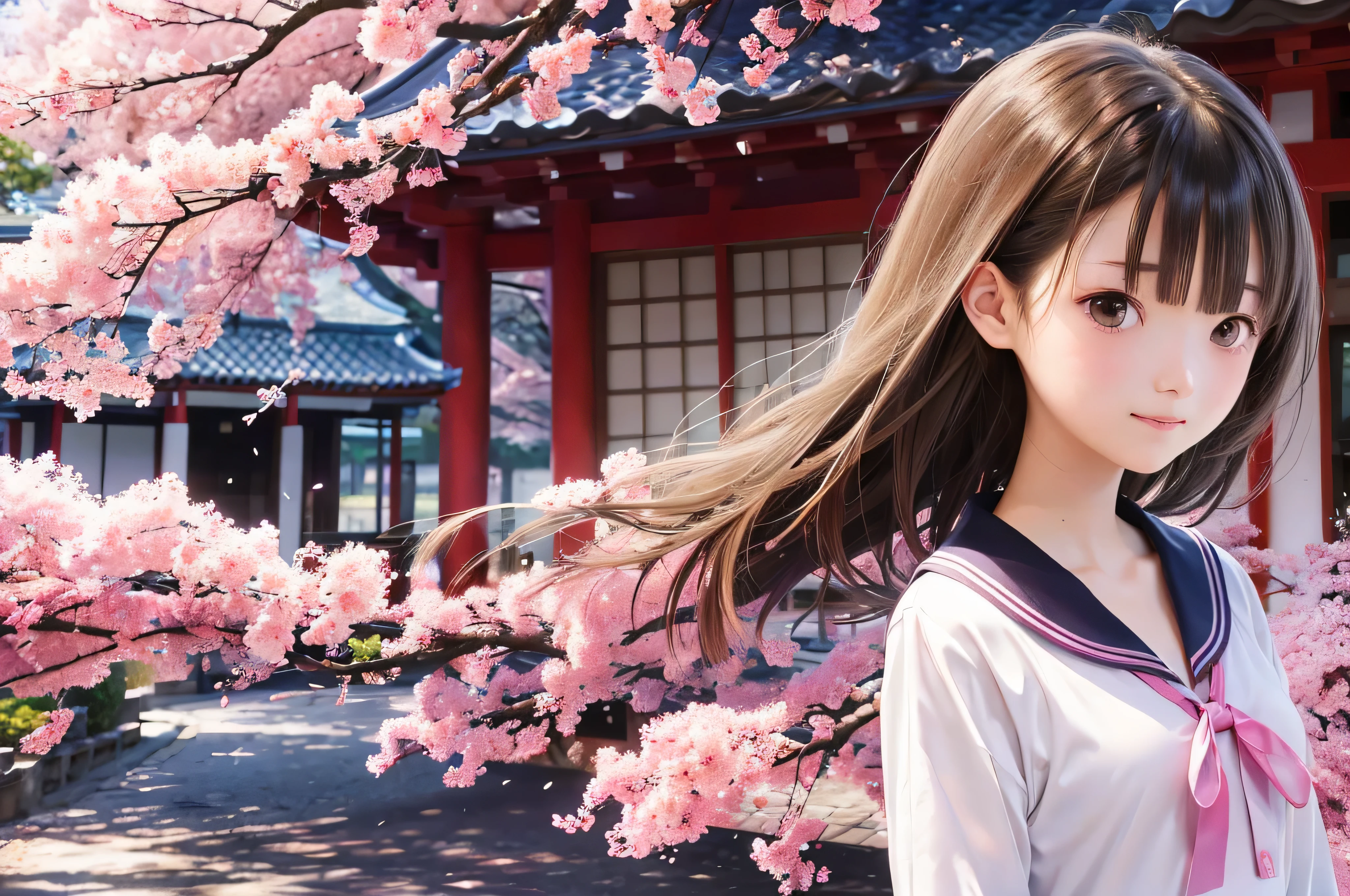 Retrato estilo anime de chicas japonesas de secundaria de pie bajo los cerezos en flor de primavera. Ella está mirando a un lado, su largo cabello castaño ondea al viento. La chica tiene una expresión tranquila., Mientras observas la caída de los cerezos iluminados por una suave luz rosa. sus ojos son negros y brillantes, con una sonrisa sutil. Lleva una japonesa con blusa blanca y cardigan azul marino.。, Brillando bajo la suave luz del sol primaveral. La niña aparece pequeña en el marco.. En el fondo, Hay ramas borrosas de flores de cerezo de color rosa brillante.. La escena rezuma tranquilidad., Brillante, y ambiente tranquilo, Te recuerda los hermosos momentos del anime japonés..