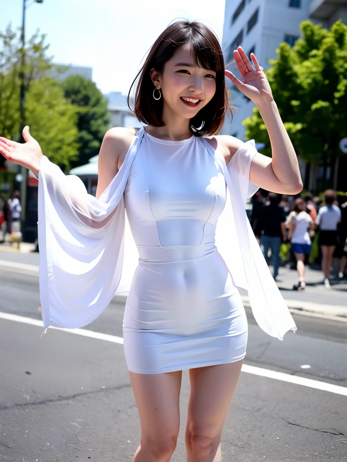 Araffe woman in white dress posing on street with arms outstretched -  SeaArt AI