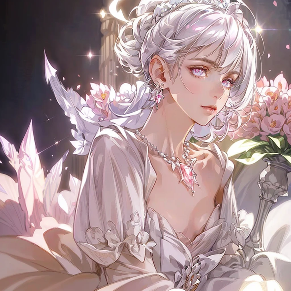 masterpiece, best quality, illustration, side shot, flashy pink, platinum earrings, platinum necklace, white dress, 1girl, cute, (dynamic lighting:1.2), cinematic lighting, delicate facial features, detailed eyes, sharp pupils, realistic pupils, depth of field, bokeh, sharp focus, (hyper-detailed, bloom, glow:1.4), many small gems