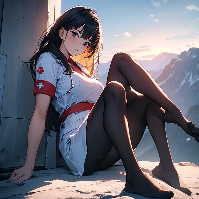 (full body:1.5)，(1 girl:1.3),(view viewer:1.4)，(correct anatomy:1.4),(Sitting at the top of a mountain:1.2),(Wearing a nurse set:1.2),(Opaque pantyhose:1.3),(accurate and perfect face:1.3),(long legs:1.3),hyper hd, ray tracing, reflected light， Structurally correct, award winning, high detail, Lighten the shade contrast, face lighting ，cinematic lighting, muste piece, super detail, high quality, high detail, 最high quality, high contrast,A scene from a movie、big