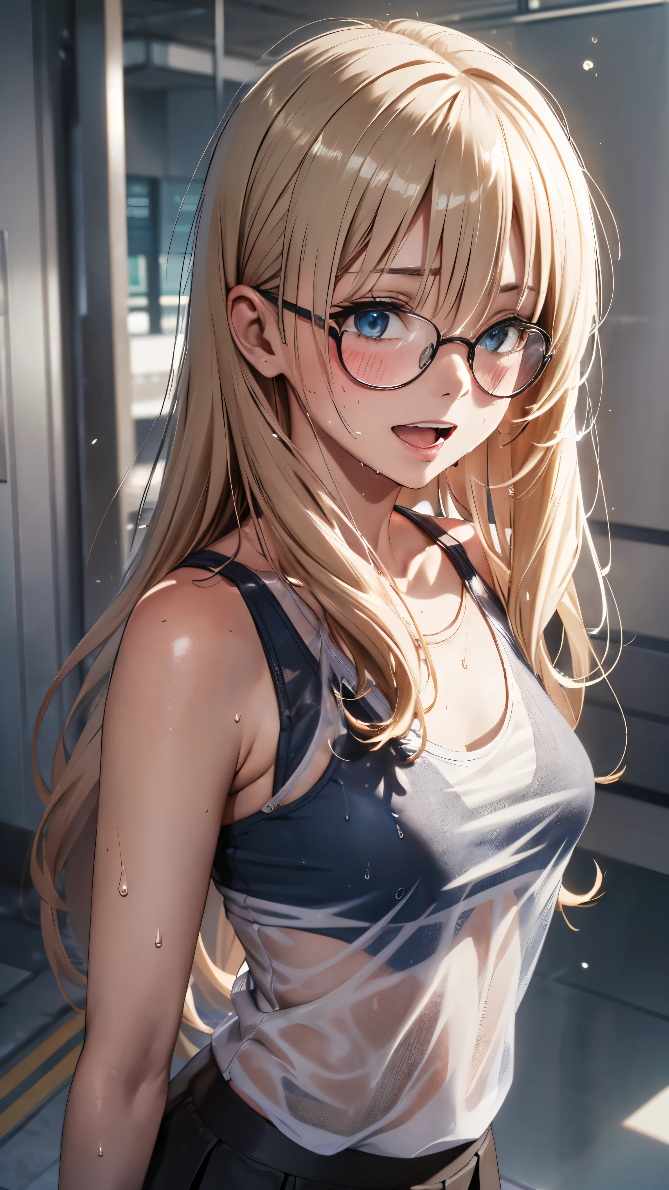 1 female,golden hair,25 years old,(((blue shiny micro tight skirt)))((white tank top))(((blush、open mouth smile)),(((straight hair))),(((portrait))),crowd,,((wet with sweat))(sexy black bra and see-through tank top)(Glasses)(((small breasts)))