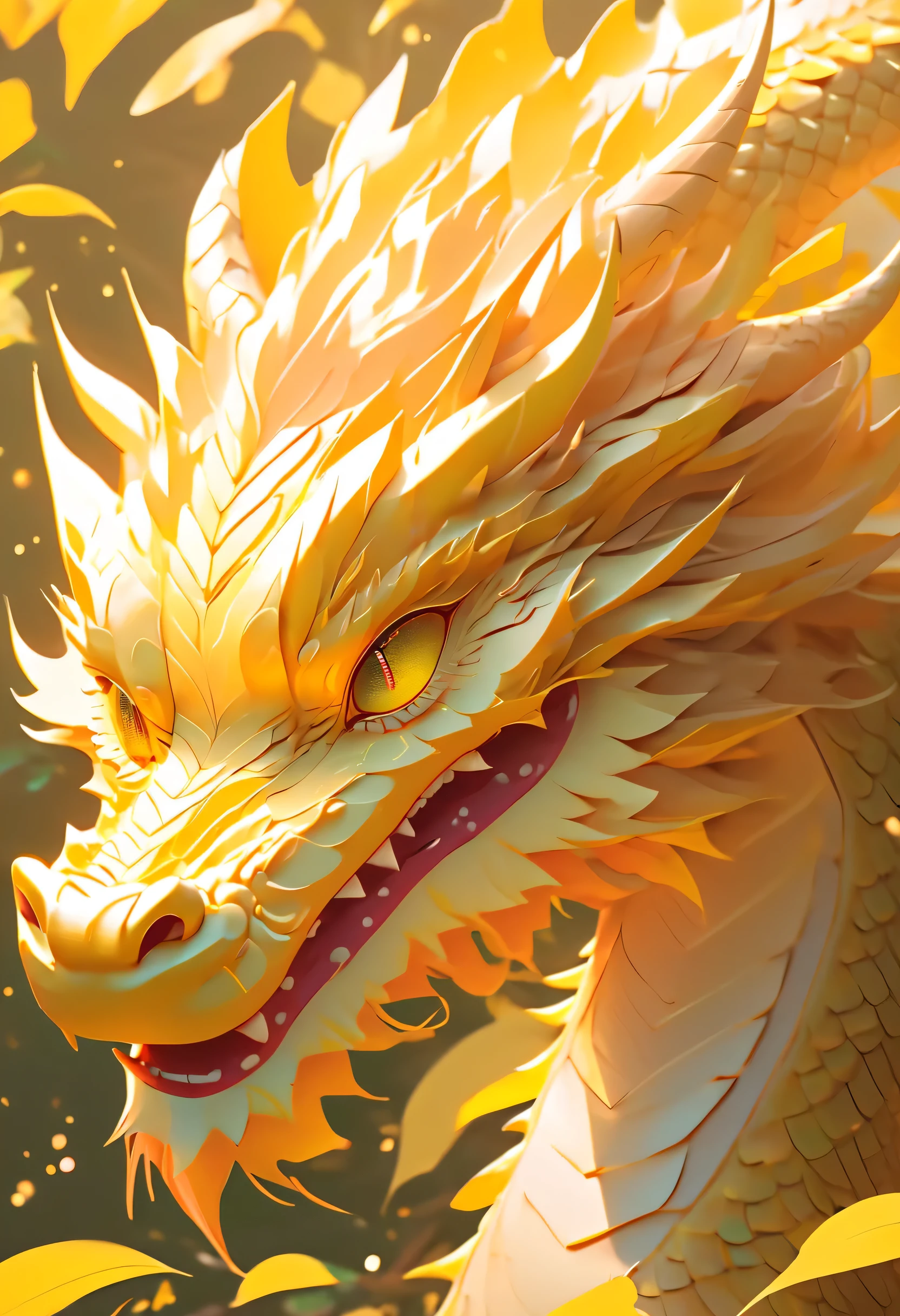Année du dragon Poster， dans le style d&#39;une atmosphère sereine, art des dragons, Atey Ghaïlan, motifs de feuilles, Miki Asai, forte expression du visage, marron clair et jaune clair 4k