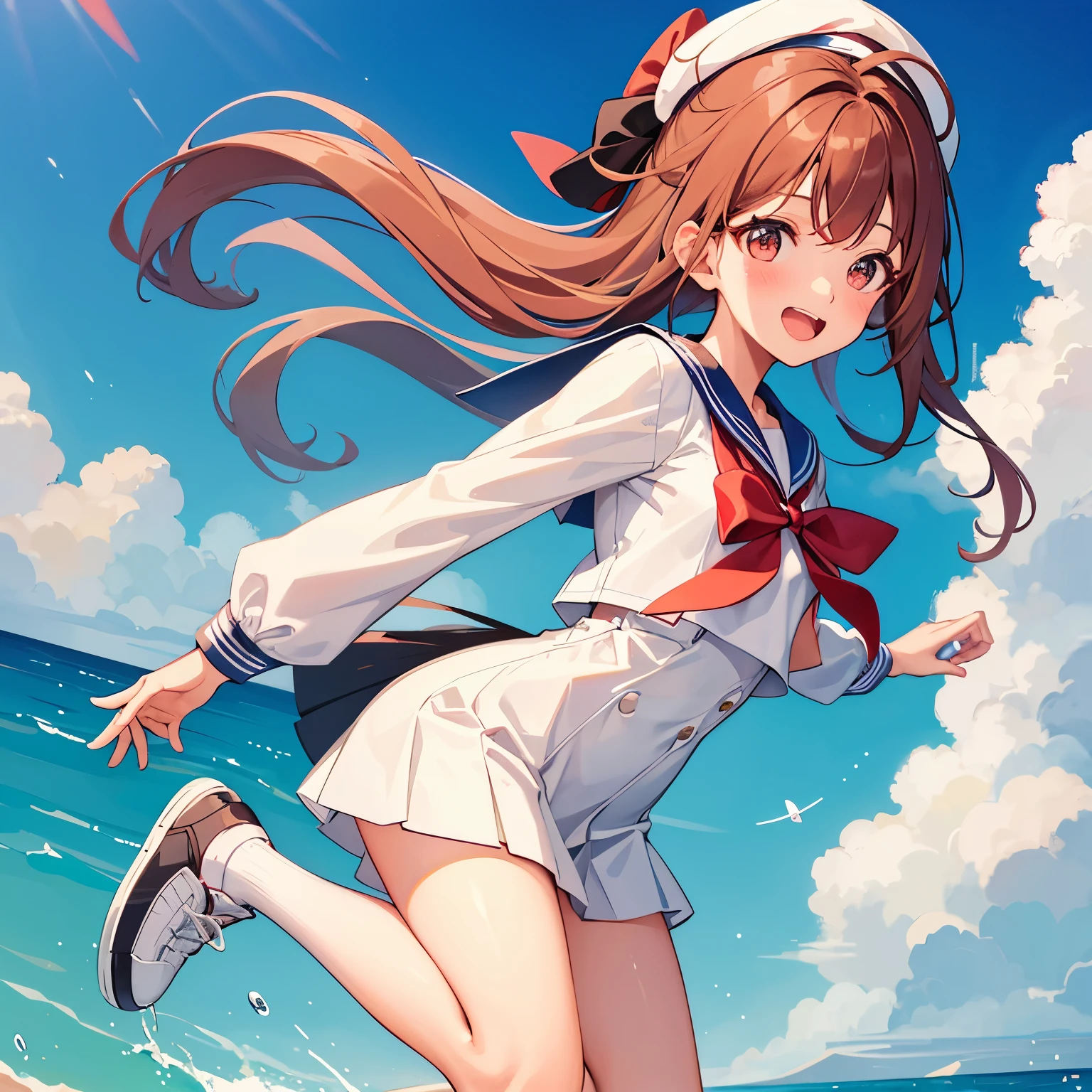 A girl wearing a white long-sleeved sailor suit、　brown colored long hair、red ribbon eyes、cute、No hat、jump、flying in the sky、Fly through the sky、fun、laughter、Laugh with a big mouth、From head to foot、sneakers、