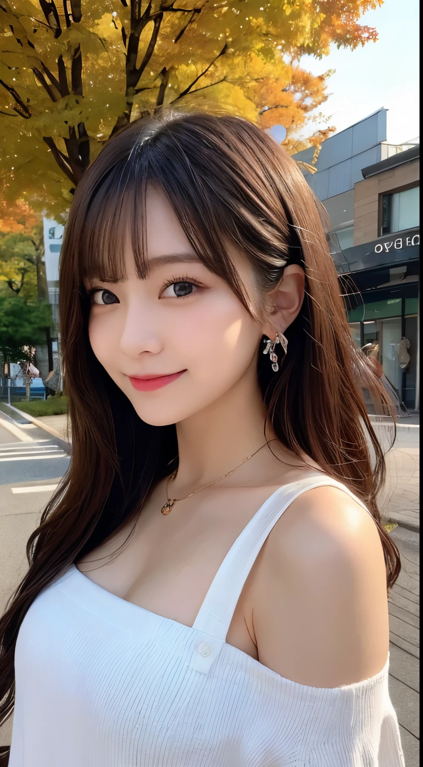 A woman with long hair wearing a white top and earrings - SeaArt AI