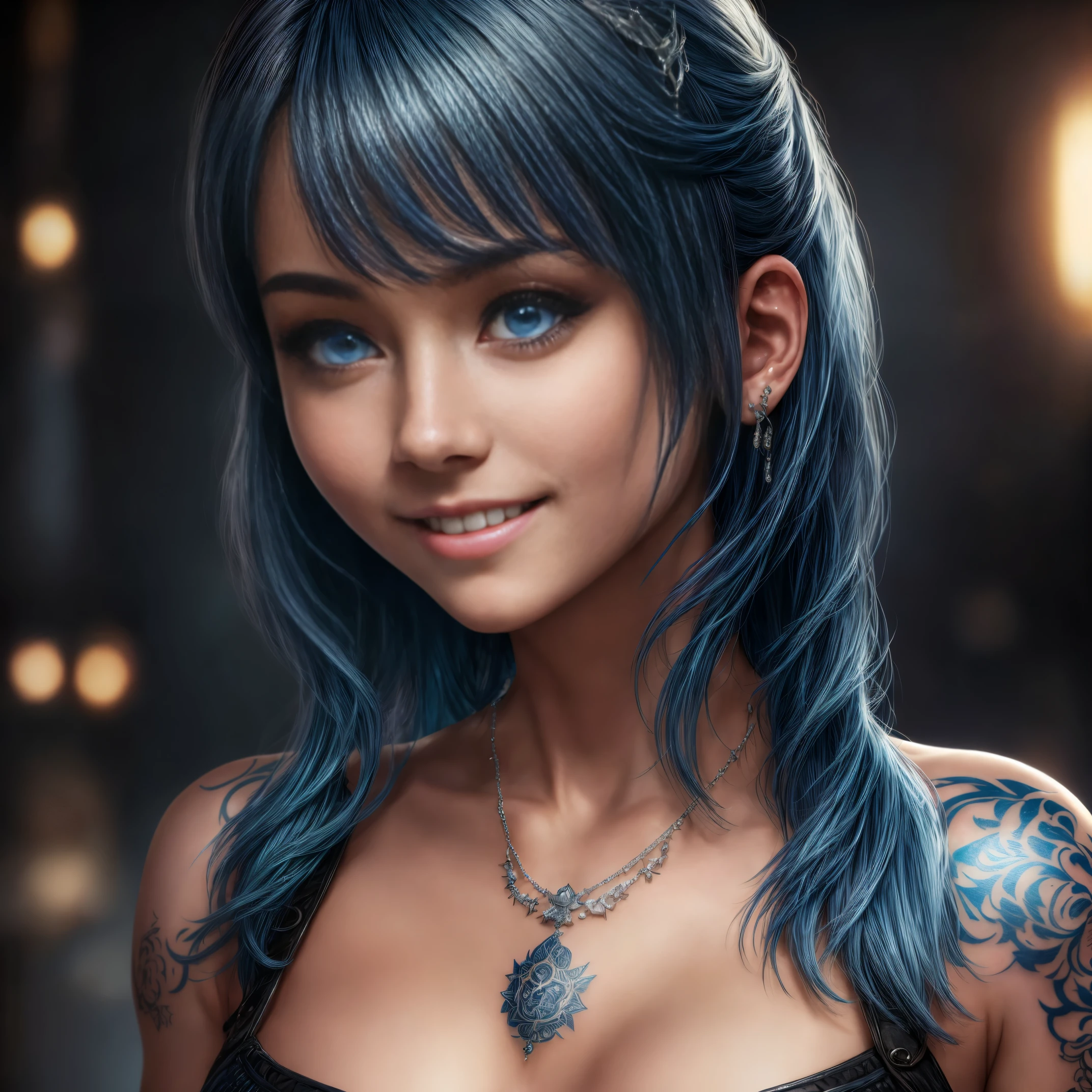 masterpiece, 最high quality, high quality, very detailed CG uniform 8k wallpaper, 1 girl, alone, blue hair, tattoo, short hair, have, jewelry, smile, necklace, looking at the audience, have, realistic, open your mouth, teeth, upper body whole body, vest, nose, bare shoulders, artist name, black tiara, clavicle, arm tattoo, blue eyes, lips, Blur, oil, award winning photography, Bokeh, Depth of bounds written, HDR, bloom, chromatic aberration, realism, very detailed, art station complex, high detail, dramatic, Art by Midjourney