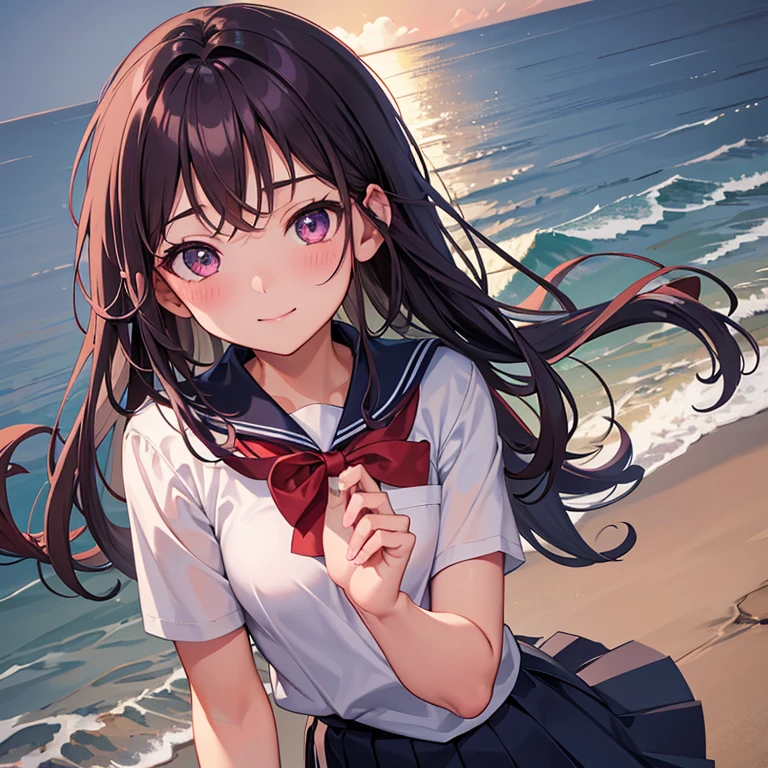 anime、Along the coast、sea breeze、Wearing a pleated skirt, Brown longhair、Navy Blazer School Uniform with Red Ribbon、Reddish-purple eyes、Masseter muscle part、best quality，cinematic lighting，detailed background，Beautifully detailed right pupil，（very detailed and beautiful），（Beautiful and detailed eye description），super detailed，T Masterpiece，）），facing the camera，High resolution，super detailed），flushed complexion，Bocchi，primary school student（Wearing：sailor uniform，black socks，）高画質のUpper body写真、slight smile, Bright colors、Upper body, Delicate drawing、