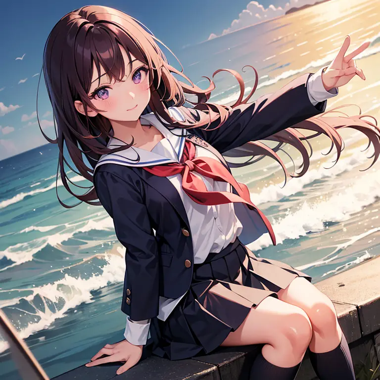 anime、along the coast、sea breeze、wearing a pleated skirt, brown longhair、navy blazer school uniform with red ribbon、reddish-purp...