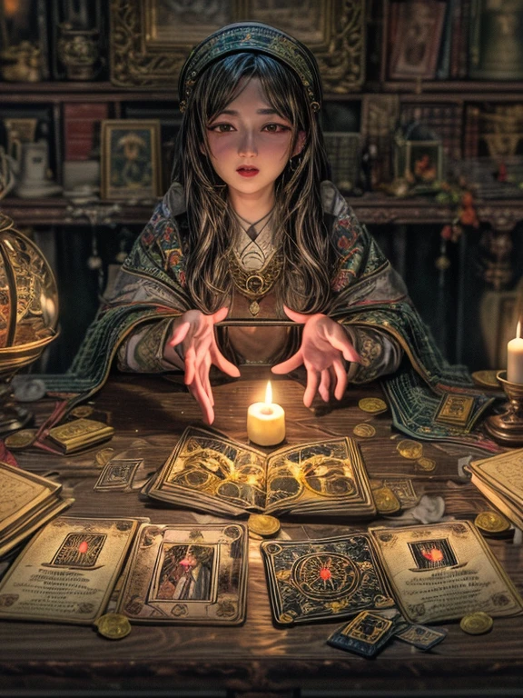 4Ｋ,High resolution、medium chest、female fortune teller。Places hands on desk and faces forward。There are candles on both sides of the desk.、Tarot cards are scattered。